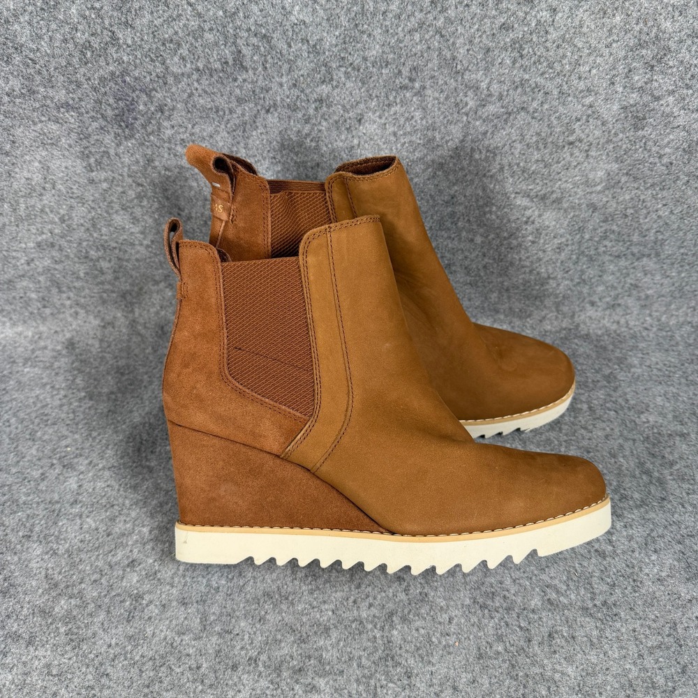 TOMS Women Kallie Wedge Bootie Size 10 Brown Leather Suede Sawtooth Sole